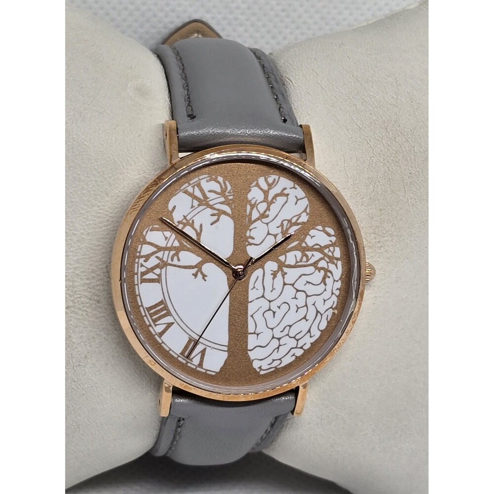 Women's Time Peace Tree of Life Rose Gold Tone Gray Leather Strap Watch 13 - Picture 3 of 9